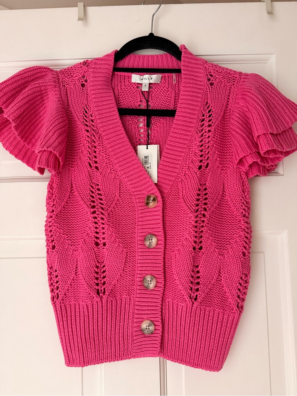 Milly Hot Pink Short-Sleeve Knit Cardigan